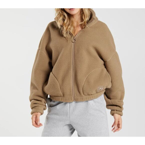 Gymshark Women's Reversible Roll Neck Sherpa Jacket Light Brown Size M Zip - Picture 1 of 6